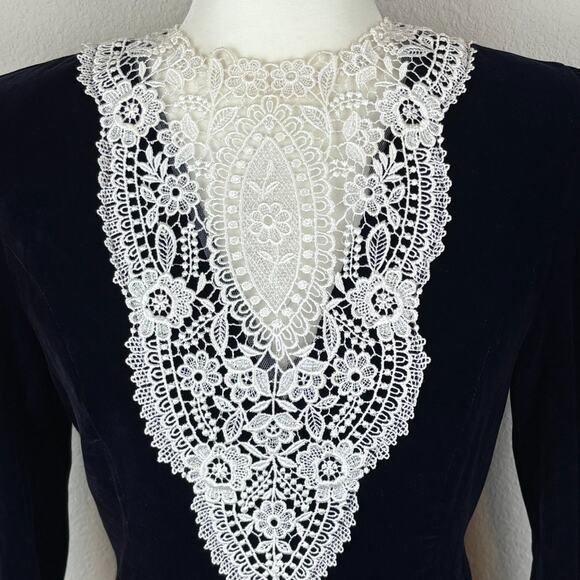 VTG Velvet Dress 10 Lace Neck Victorian Whimsygoth Edwardian McClintock 90s - Picture 2 of 12